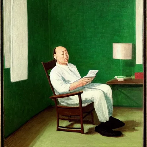 Image similar to old balding japanese man with white shirt, sitting on a chair and reading newspaper while looking at the ceiling of his room with contrastic green lighting by monet