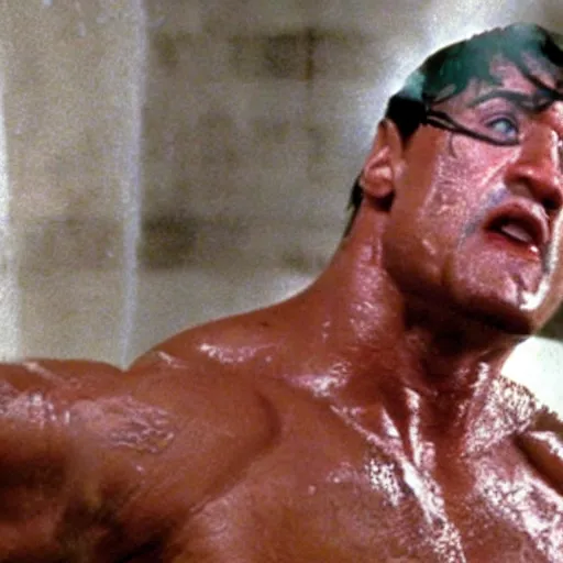 Image similar to movie still from the movie The Rock (1996), rendering of sylvester stallone in the shower room scene, cinematic,