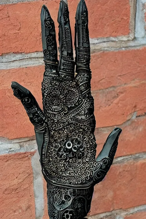 Image similar to ceramic robotic hand covered in henna