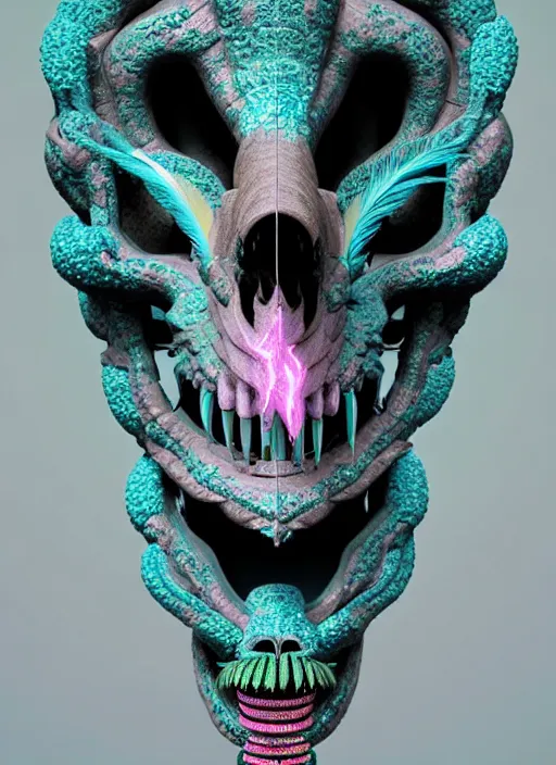 Image similar to 3 d goddess profile portrait, sigma 5 0 0 mm f / 5. beautiful intricate highly detailed quetzalcoatl skull and feathers. bioluminescent, plasma, lava, ice, water, wind, creature, thunderstorm! artwork by tooth wu and wlop and beeple and greg rutkowski, 8 k trending on artstation,