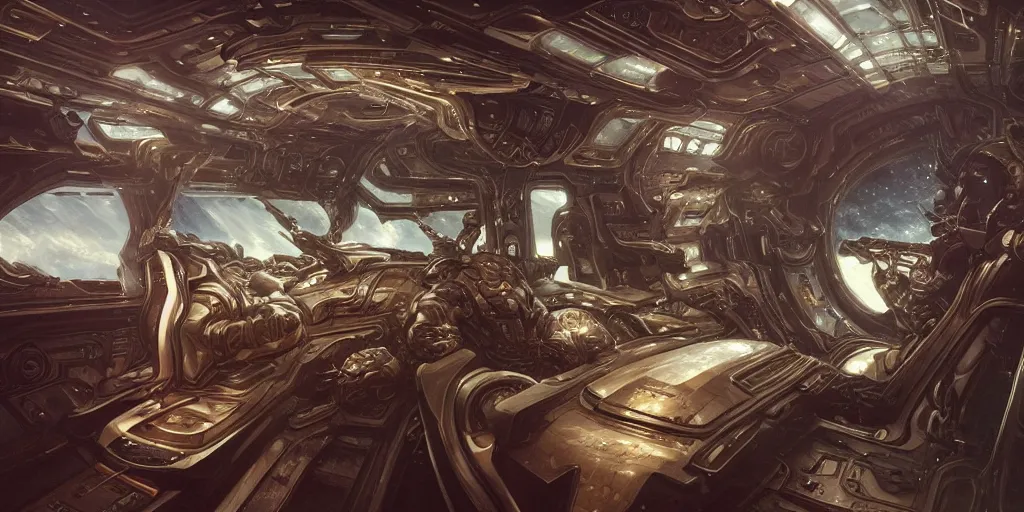 Image similar to ultra realistic illustration,, luxury spaceship interior from doom and warhammer 4 0 k, intricate, elegant, highly detailed, digital painting, artstation, concept art, smooth, sharp focus, illustration, art by artgerm and greg rutkowski and alphonse mucha