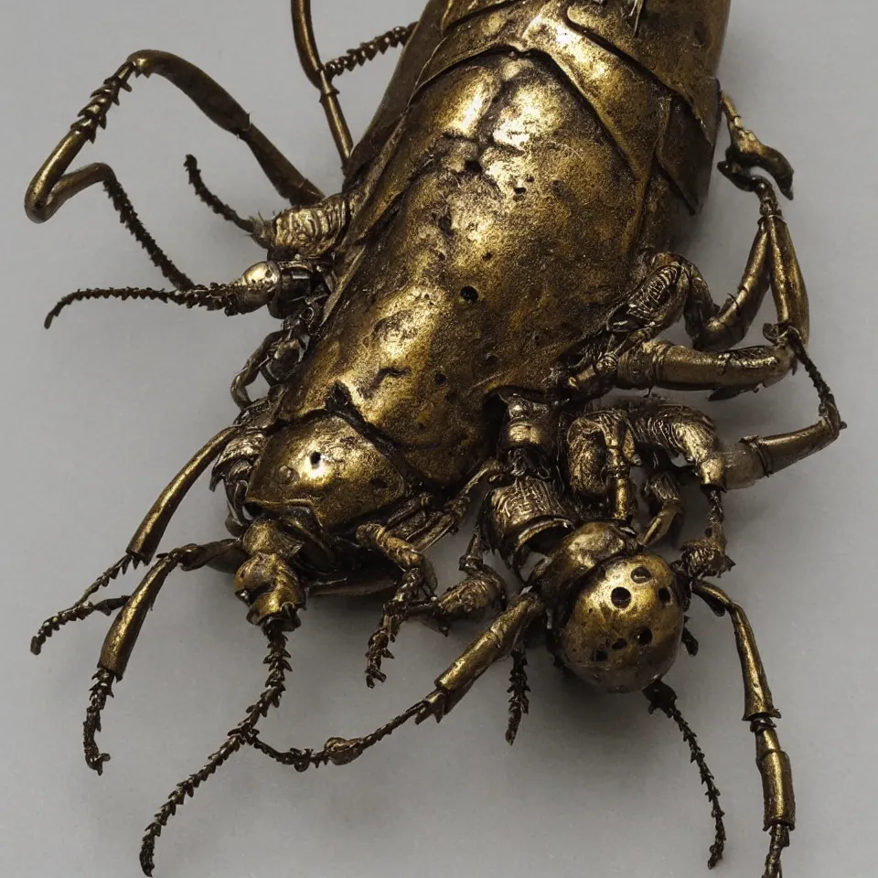 Prompt: a beetle amulet by hr giger, bronze on gold , patina,