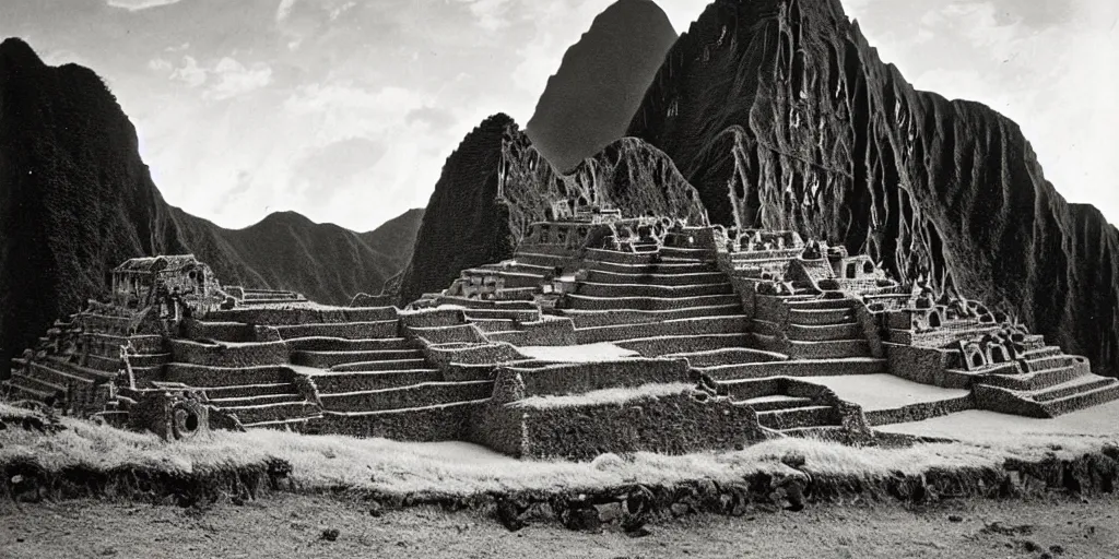 Image similar to lost city of the incas, vintage photograph, bw, by edward s curtis, realistic,