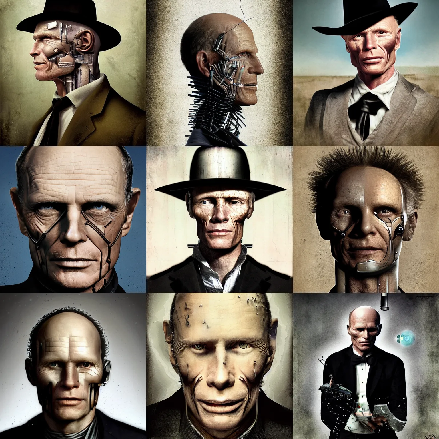 Prompt: ed harris as man in black, half - human half - robot half - cyborg, in westworld, digital art, portrait by ray caesar, by john constable, by dan hillier