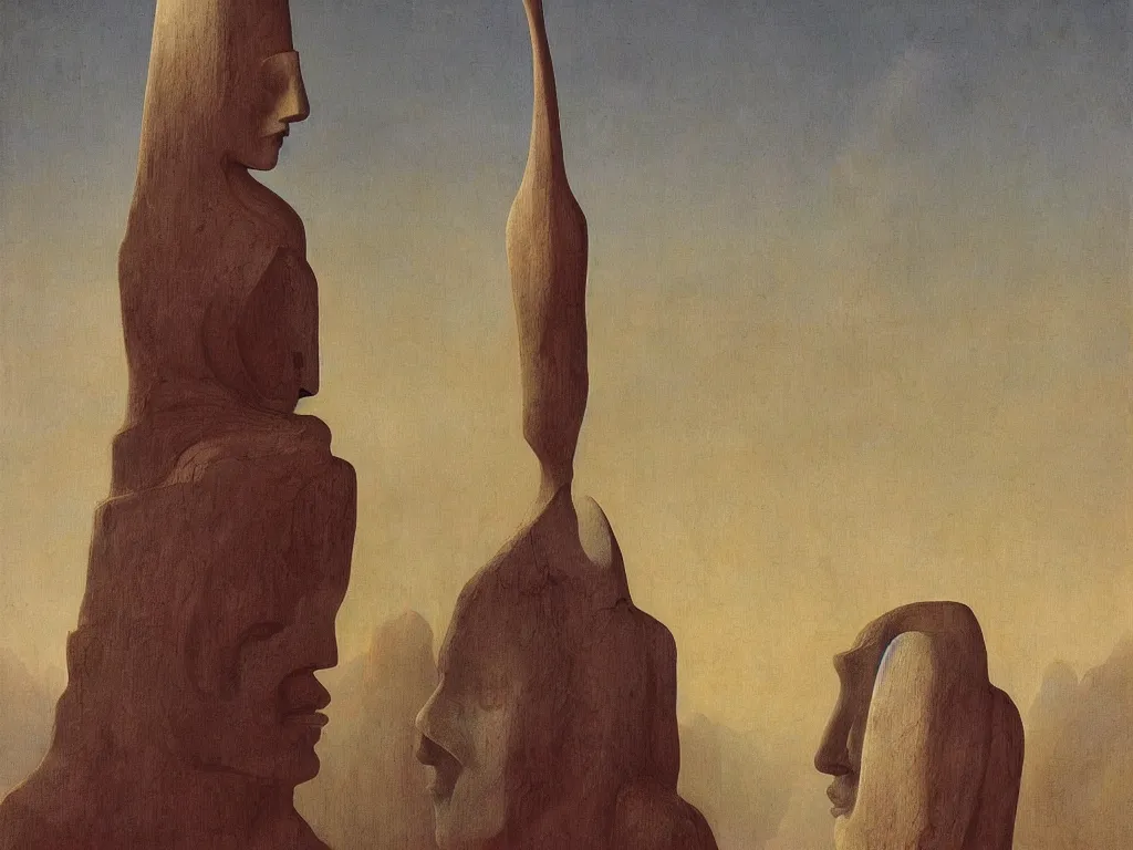 Prompt: Albino mystic with his back turned, looking in the distance at giant totemic archaic sculpture mask Brancusi sculpted temple with beautiful exotic paradise bird. Painting by Jan van Eyck, Beksinski, Caspar David Friedrich, Rene Magritte, Agnes Pelton, Max Ernst, Walton Ford