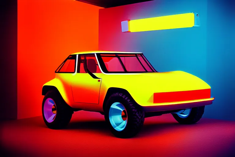 Image similar to designed by giorgetto giugiaro stylized poster of a single fj 4 0 concept, thick neon lights, ektachrome photograph, volumetric lighting, f 8 aperture, cinematic eastman 5 3 8 4 film