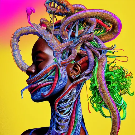 Image similar to the anatomical face of a ridiculously beautiful and pretty black woman partially made of onion rings of all colors looking up, an ultrafine detailed illustration by james jean, final fantasy, intricate linework, bright colors, behance contest winner, vanitas, angular, altermodern, unreal engine 5 highly rendered, global illumination, radiant light, detailed and intricate environment