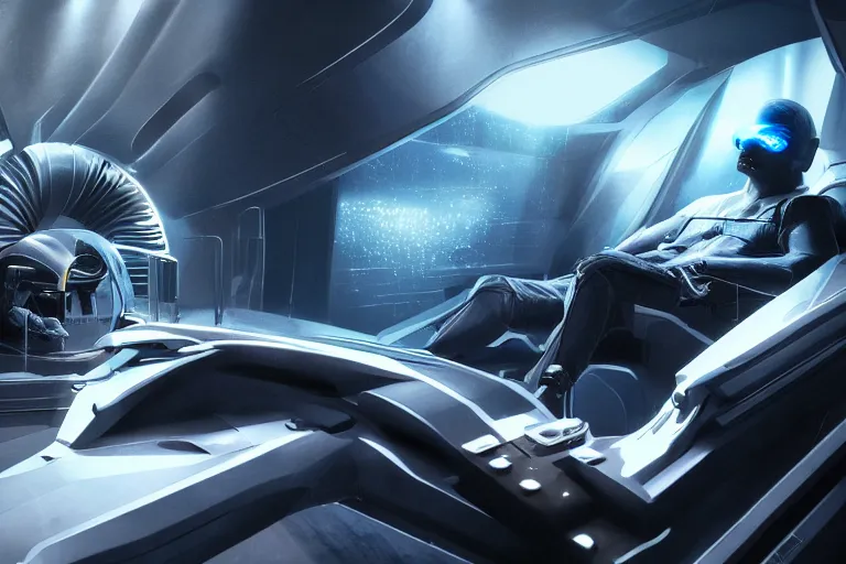 Prompt: a cinematic shot of a man sitting in a futuristic sci - fi vehicle, dramatic lighting, concept art, hyper realistic, cyberpunk