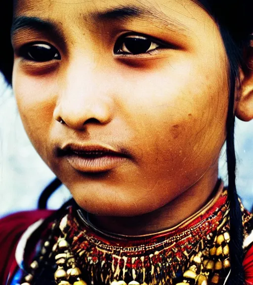 Prompt: vintage_closeup portrait_photo_of_a_stunningly beautiful_nepalese_maiden with amazing shiny eyes in the himalayan mountains by Annie Leibovitz
