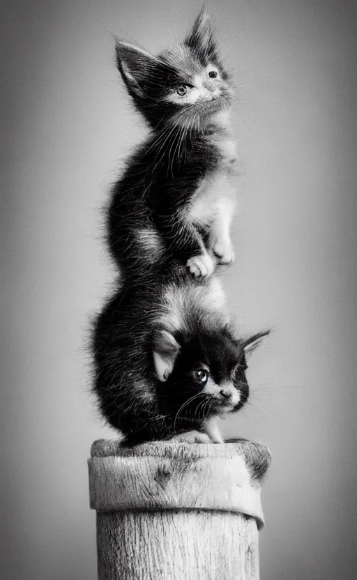 Image similar to Award winning Editorial photo of an adorable kitten standing on the back of a calm and happy duckling by Edward Sherriff Curtis and Lee Jeffries, 85mm ND 5, perfect lighting, gelatin silver process