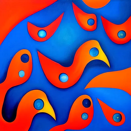 Image similar to a painting of a group of blue and orange birds, an airbrush painting by jarosław jasnikowski, cgsociety, generative art, angular, cubism, biomorphic