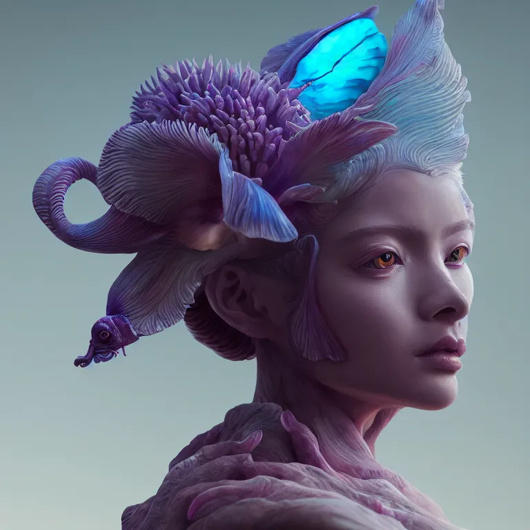 Image similar to goddess full painted acryllic sculpture close-up portrait. orchid bird betta fish, intricate artwork by Tooth Wu and wlop and beeple. octane render, trending on artstation, greg rutkowski very coherent symmetrical artwork. cinematic, hyper realism, high detail, octane render, 8k