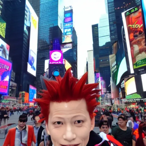 Prompt: hisoka taking a selfie at times square, high quality