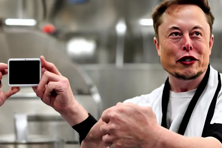 Prompt: elon musk using glasses and grabbing an iphone while hes cooking