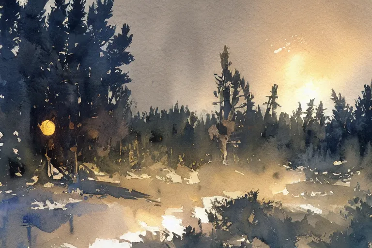 Image similar to small centered on watercolor paper, paint brush strokes, abstract watercolor painting of village in bog at nightfall, pine trees, sharp shadows, cinematic light, american romanticism by hans dahl, by jesper ejsing, by anders zorn, by greg rutkowski, by greg manchess, by tyler edlin