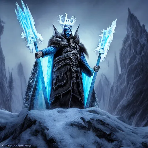 Image similar to a matte painting of the lich king wearing a crown made of ice, frozen, world of warcraft, digital art, fantasy, realistic lighting, in the style of greg rutkowski