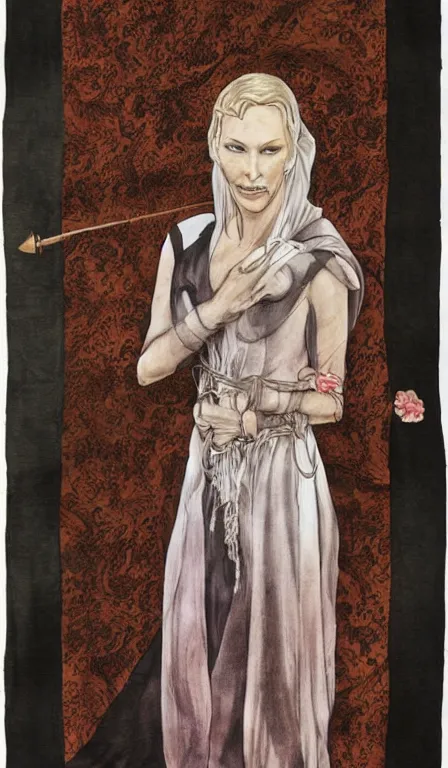 Prompt: cate blanchet , hanging scroll, ink and colours on silk