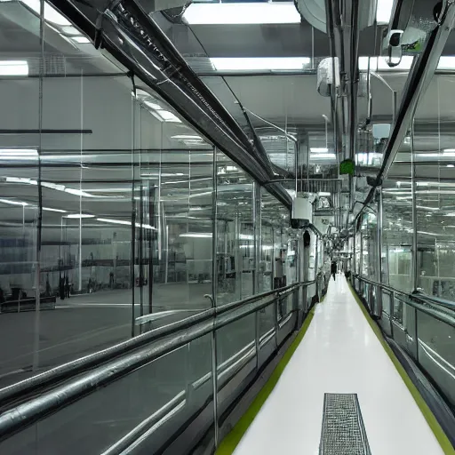 Prompt: inside of a translucent hyperfuturistic factory walkway