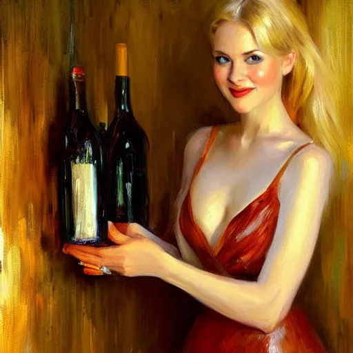 Prompt: pretty blonde beautiful woman in a wine cellar, elegant, red wine, meat, torches light the wall, impressionism, painting by Vladimir Volegov