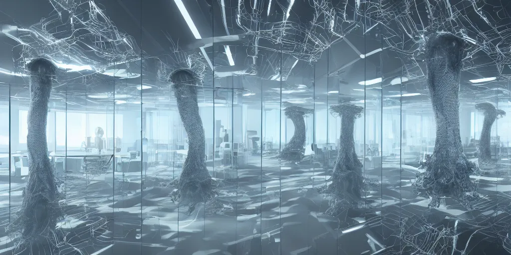 Image similar to A photo of an alien tentacle creature in a business corporate office, 4K, realistic