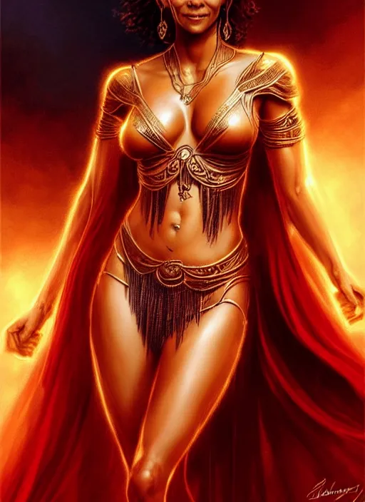 Image similar to halle berry in dejah thoris outfit, intricate, elegant, glowing lights, highly detailed, digital painting, artstation, glamor pose, concept art, smooth, sharp focus, illustration, art by artgerm and greg rutkowski, artey freytag