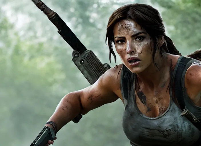 Image similar to film still of!!!! chloe bennett!!! as lara croft in new tomb raider movie, 8 k