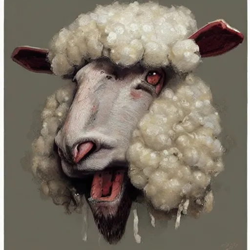 Image similar to old renesaince painting of a sheep face, royal guard suit from 1 7 th century, serious look, highly detailed, sheep face, portrait painting, artstation, concept art, greg rutkowski