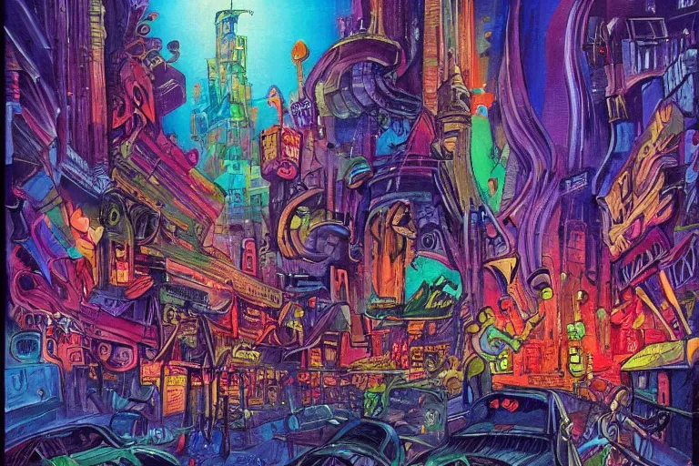 Image similar to surreal colorful nightmarish cityscape, artwork by Ralph Bakshi