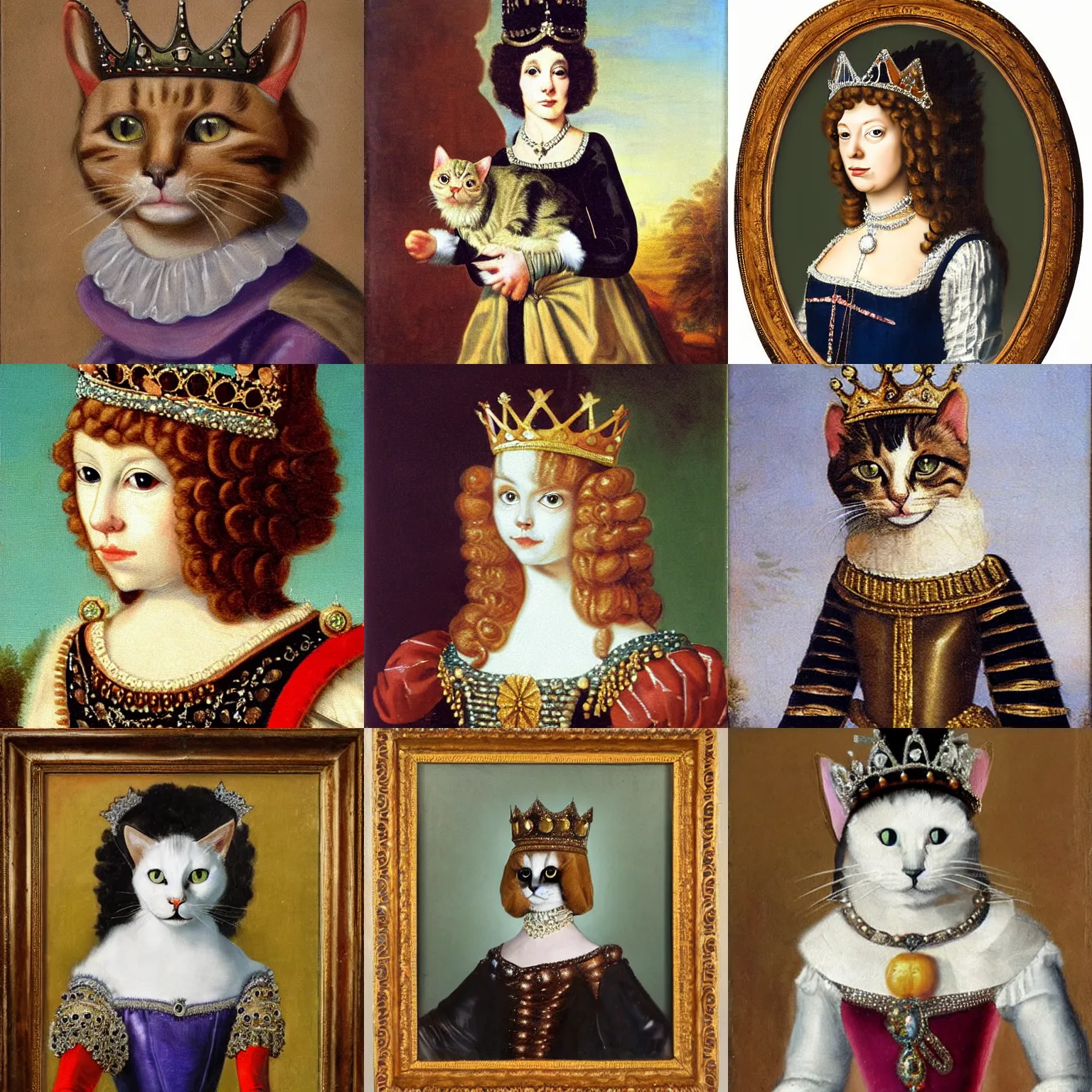 Prompt: cat dressed up as queen, wearing a tiara, crown, 17th century oil painting