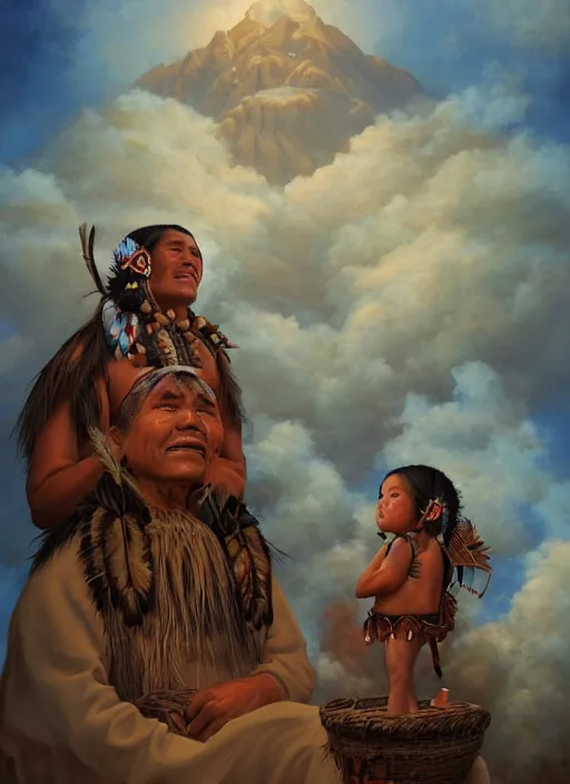 Image similar to faces of indigenous amazonian grandfathers and grandmothers spirits in the clouds, smiling, protection, benevolence, ancestors, detailed faces, art by christophe vacher