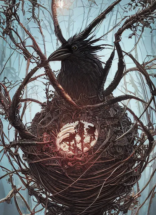 Image similar to crows nest like a head wreath, cruelty, black crows, light effect, hyper detailed, intricate, elegant, highly detailed, digital painting, artstation, concept art, matte, sharp focus, illustration, by dan mumford, yusuke murata, makoto shinkai, ross tran