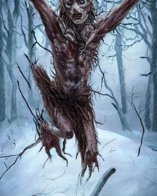 Image similar to Horrifying detailed painting of a pale, emaciated humanoid creature. It has sharp teeth and claws with pale milky eyes; snow, woods, blood; dark cinematic lighting, hyper detailed, moody