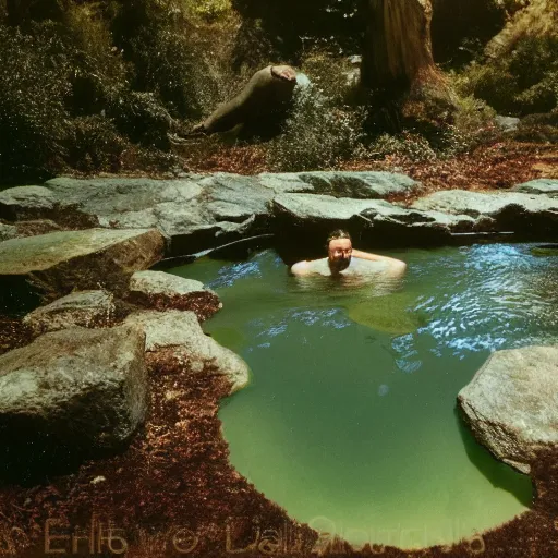 Image similar to the legend of big sir large smooth monster bathing in a small pond with a waterfall, big sur, film still