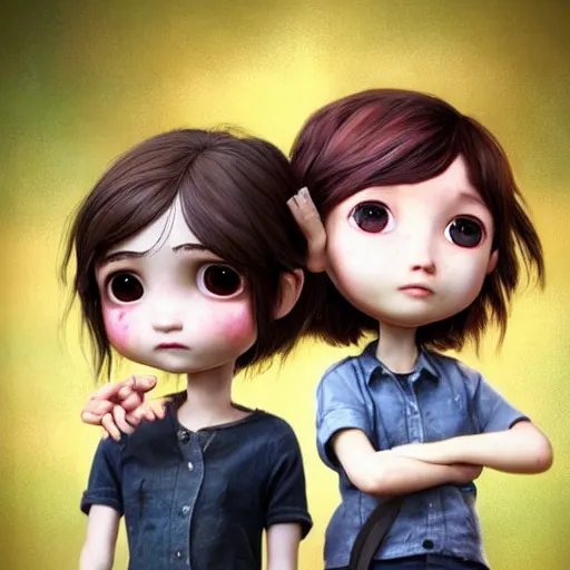 Image similar to Extremely cute and adorable 8k HD key visual of Ellie (The Last of Us) and Marinette Dupain-Cheng posing for the camera making a peace sign with their fingers, official media, designed by Mark Ryden and artgerm and Margaret Keane. The art style is quite chibi, with large heads and big wide eyes. 3D render diorama Macro photography