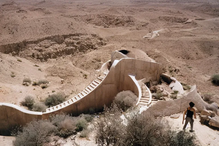 Prompt: film still of monumental neoclassical with deep deep spiral stairs in the desert, by Étienne-Louis Boullée cinestill 800t 35mm full-HD