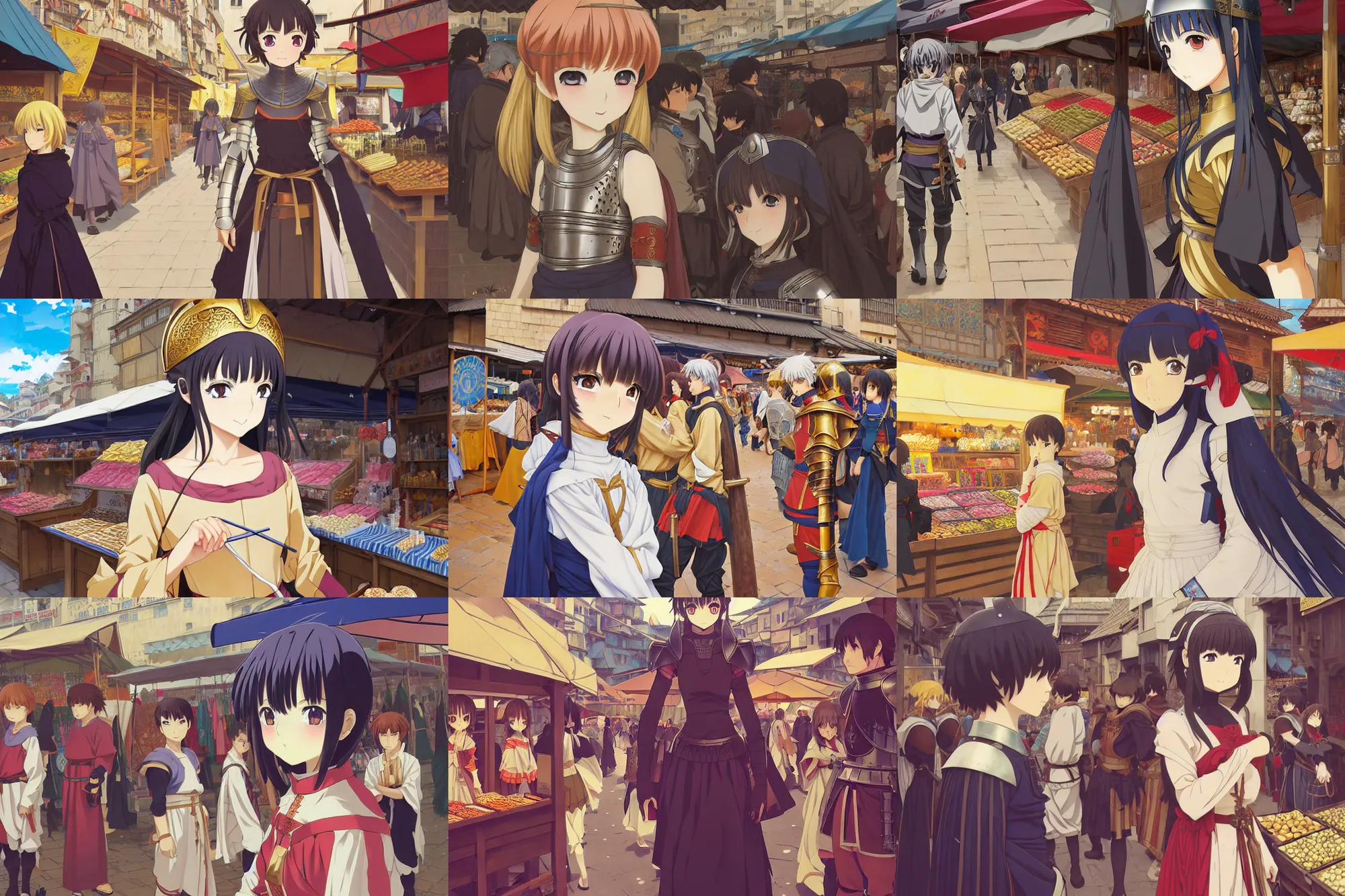 Prompt: anime visual, from a distance a young female knight in armor at a medieval open air market exterior shopping at a stall, cute face by ilya kuvshinov, yoh yoshinari, makoto shinkai, dynamic composition, dynamic perspective, cel shaded, flat shading mucha, rounded eyes, moody, detailed facial features, psycho pass, lomography, gustav klimt