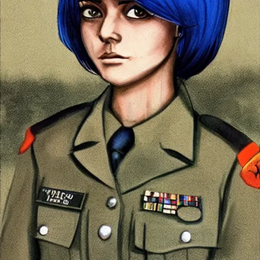 Prompt: girl in military uniform with short blue hair and sharp haircut in the style of Enki Bilal