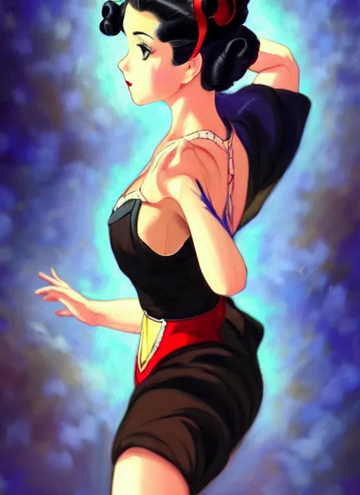 Image similar to a beautiful dancer with black hair in 1940's fashion, ballroom background, intricate, highly detailed, digital painting, artstation, official media, anime key visual, concept art, rich vivid colors, ambient lighting, sharp focus, illustration, art by Artgerm, Makoto Shinkai, Ilya Kuvshinov, Lois Van Baarle, and Rossdraws