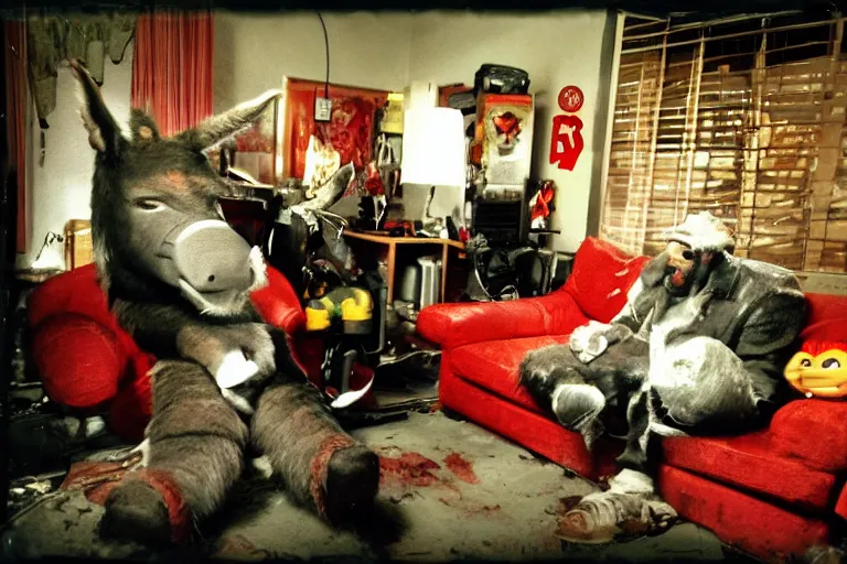 Prompt: a gritty photo made with a disposable camera of my living room where a real life Donkey Kong sits next to a real life King Bowser on the couch, while playing a video game