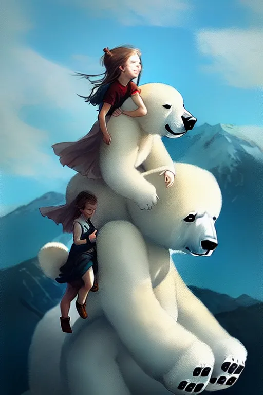 Prompt: tiny girl riding on the back of a giant fluffy polar bear by greg rutkowski