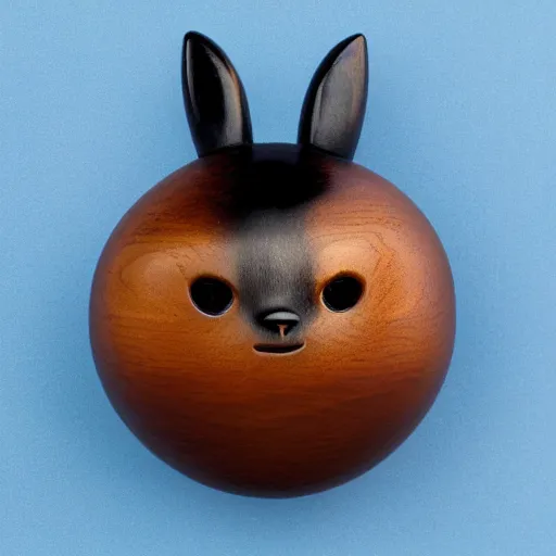 Image similar to a zoomed out studio product shot of a rounded carved smooth cherry wood and resin pokemon umbreon in profile, like a catalog photograph, where distinct sections of the carving are blue resin, but is mostly wood, with a smooth featureless minimalist short wooden nose with no nostrils, and a round minimalist behind