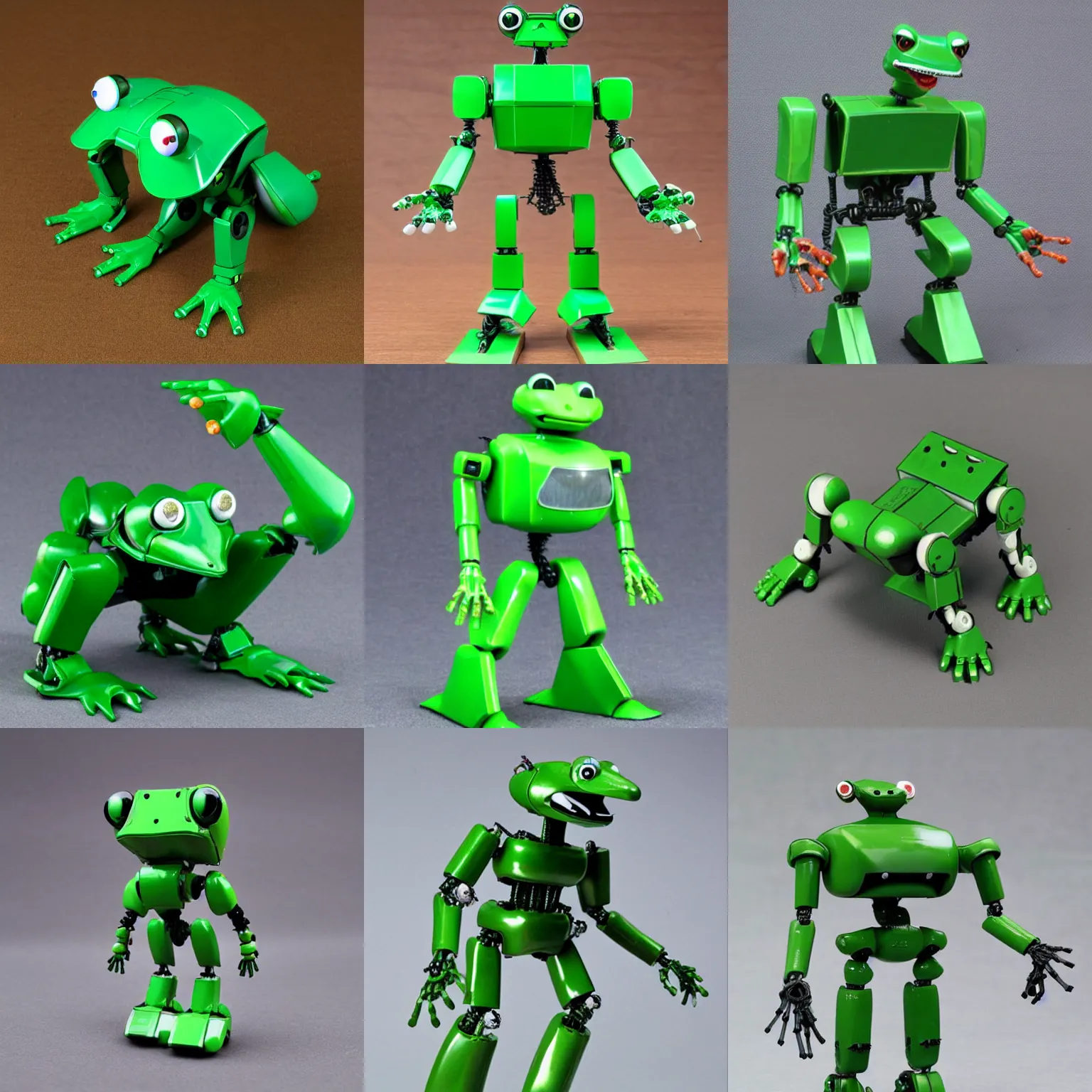 Prompt: 1 9 8 0 s green bipedal standing robot frog - like mecha bandai model kit