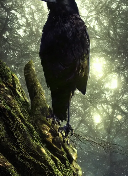 Image similar to glowing silver and golden elements, full close-up portrait, realistic crow, book cover, green forest, white moon, establishing shot, extremly high detail, photo-realistic, cinematic lighting, by Yoshitaka Amano, Ruan Jia, Kentaro Miura, Artgerm, post processed, concept art, artstation, matte painting, style by eddie mendoza, raphael lacoste, alex ross