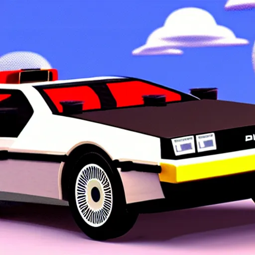 Image similar to back to the future delorean, mario kart 6 4 screenshot, low poly, aliased