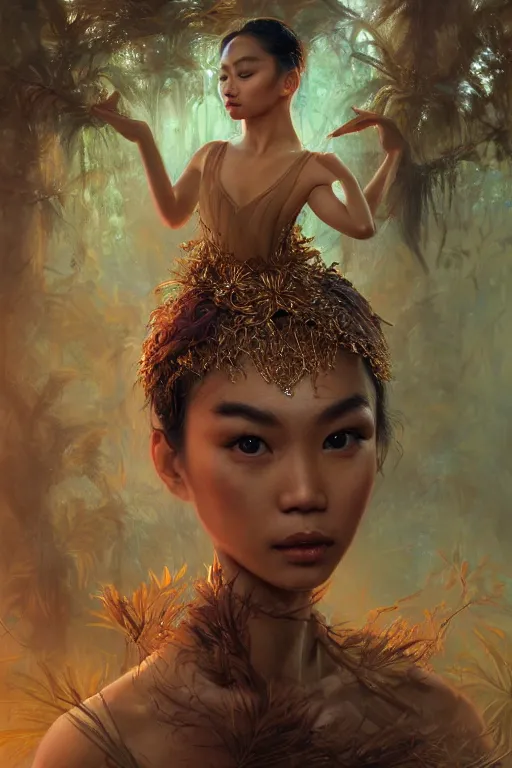 Image similar to stunningly beautiful, filipina prima ballerina in jungle, symmetrical face, golden hour, smooth, focus, highly detailed, hyper realistic, dramatic lighting, elegant, intricate, concept art, low angle, art by wlop, mars ravelo, greg rutowski, artstation