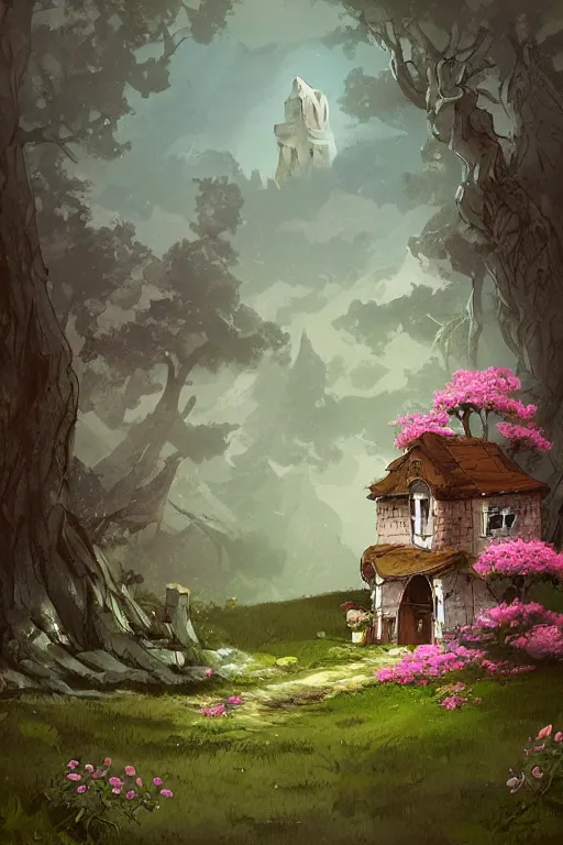 Image similar to beautiful matte painting of a whimsical house on a hill trees flowers whimsical by brian kesinger, bob ross, artstation