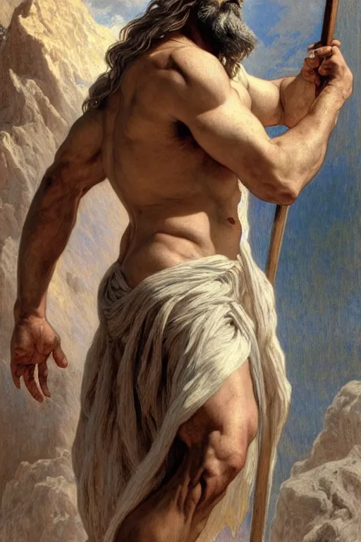 Image similar to painted portrait of rugged zeus, god of thunder, greek god, white hair, masculine, mature, handsome, upper body, flowy robe, muscular, hairy torso, fantasy, intricate, elegant, highly detailed, digital painting, artstation, concept art, smooth, sharp focus, illustration, art by gaston bussiere and alphonse mucha