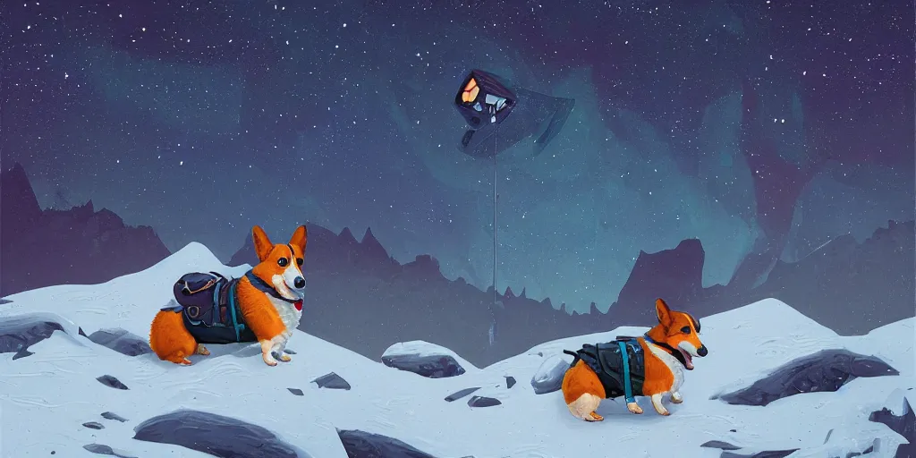 Prompt: A corgi hiking with a backpack in the mountains, stars filled sky, artstation, intricate, highly detailed, digital painting, sharp focus, illustration by Michael Whelan and Simon Stalenhag