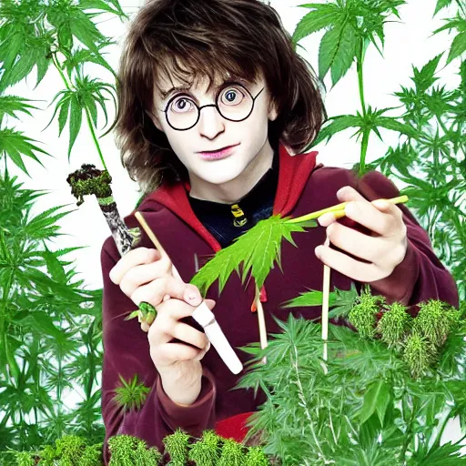 Image similar to harry potter with red eyes in a jungle of weed plants, holding a joint as his wand, his wand he is holding is a joint, smoke coming out of it, and smoking weed and surrounded by green dense weed kush plants, smoke in front, smoke behind, smoke background, red bloodshot eyes, smoking weed, hyper detailed, cinematic lighting, studio quality, smooth render,
