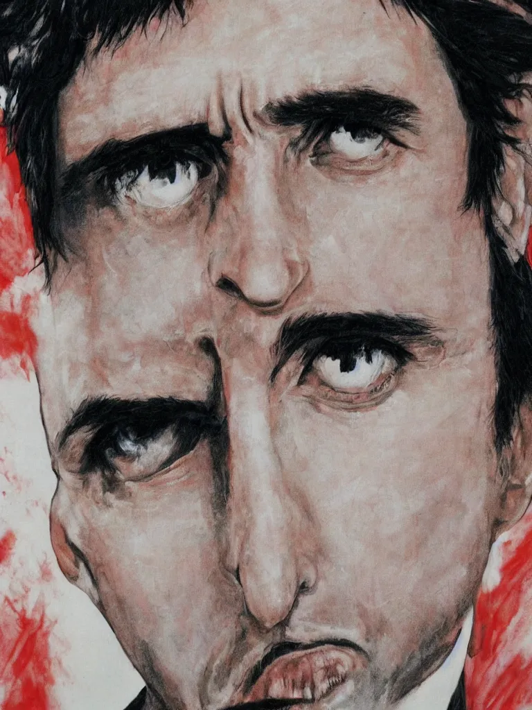 Prompt: medium shot. cogerent eyes. detailed face. tony montana from movie scarface. poster colors